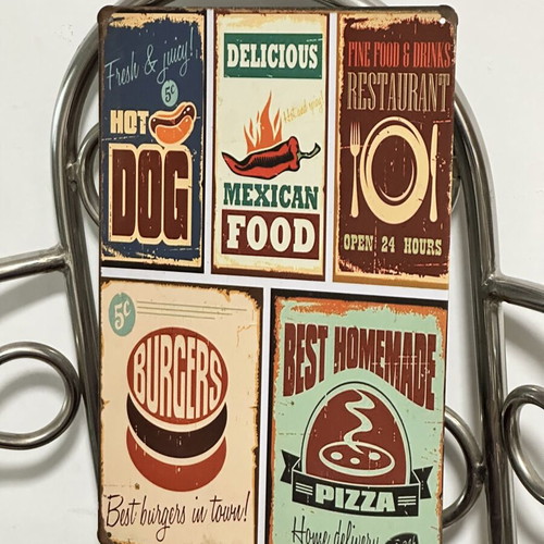 Vintage Metal Tin Sign Fast Food with Hot Dog, Burger, Pizza & Mexican Food used