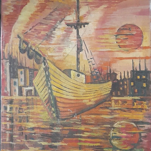 Painting used with harmony in composition and vivid sunset colors
