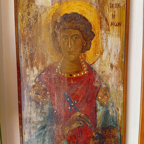 Saint Panteleimon Modern Icon with Sand and Gold Leaf, Like New, 40x70 cm