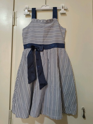 Striped navy blue dress with satin details like new, age 8