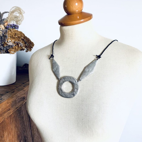Vintage necklace with leather cord, new, black and silver