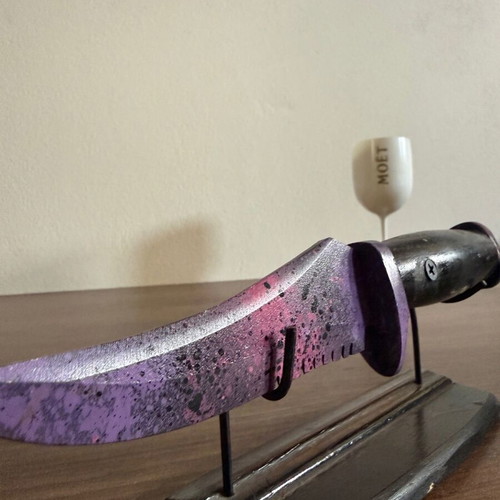 Custom decorative knife with wooden stand made of olive wood handmade