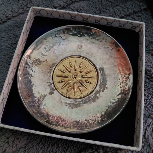 Silver collection plate like new with Vergina Sun