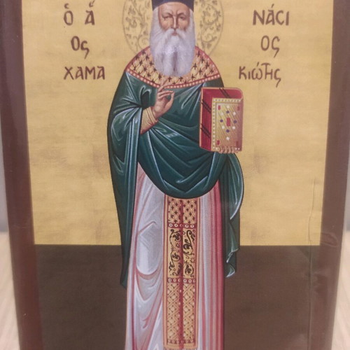 Wooden handmade Byzantine icon of Saint Athanasios of Hamakiotis new