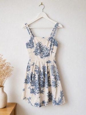 Romantic dress with blue toile print mini dress with straps like new