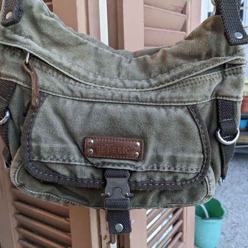 Frederic shoulder bags used, jean fabric, gray and green