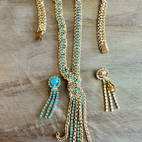Jewelry set with necklace and earrings from Rhodes in gold and turquoise colors