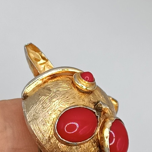 Vintage Jelly Belly Cat Brooch used, mid century 1960, gold with blue cabochon