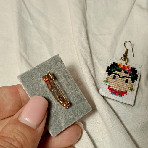 Handmade earrings and brooch Frida cross-stitch embroidery like new