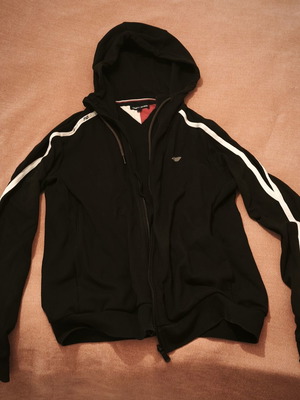 Tommy Hilfiger men's zip-up jacket with hood and sleeve stripes used