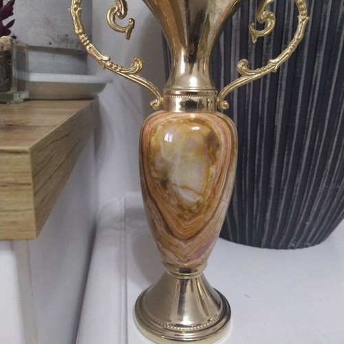 Decorative vintage amphora from onyx and brass like new, 23cm