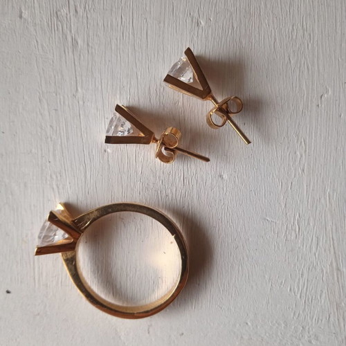 Jewelry set ring and earrings gold color with zircon like new