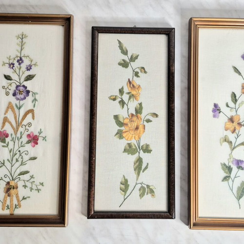 3 Vintage Embroidered Floral Frames set