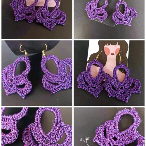 Handmade knitted steel earrings shiny purple with gold clasp new
