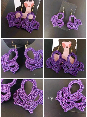 Handmade knitted steel earrings shiny purple with gold clasp new