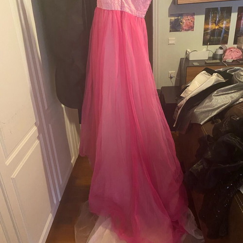 Evening dress used, very long pink and white with train, size S