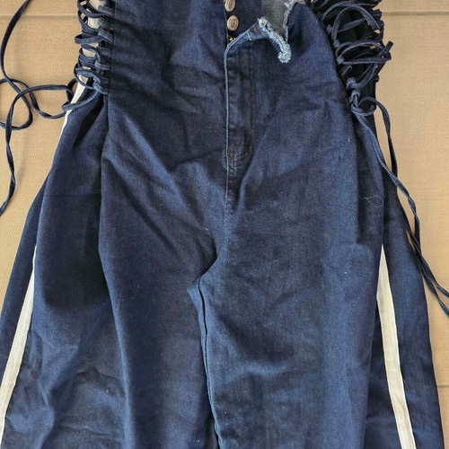 Meet to you Wide Leg Denim Jeans with Adjustable Waist, New, Blue