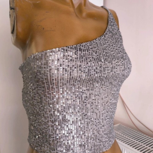 Amisu Silver Sequin One Shoulder Crop Top XL