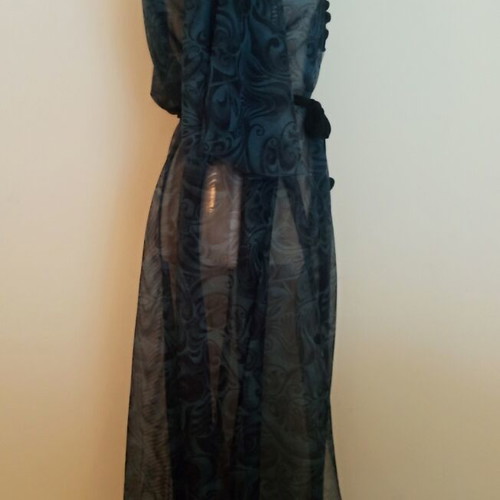 Sheer maxi kimono kaftan navy paisley pattern used, pom-pom boho chic