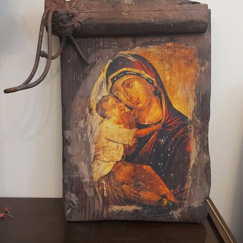 Icon of Panagia with handmade technique, used, ink and acrylic on old wood
