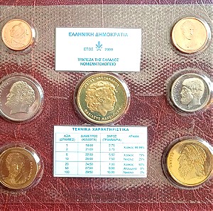 Ελλάδα πλήρης Ακυκλοφόρητ B/U σειρά 7 νομισμάτων των 1,2,5,10,20,50,100 δραχμών του 2000 στο επίσημο blister τους και τον επίσημο φάκελο της Τράπεζας της Ελλάδος.