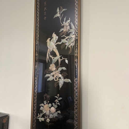 Vintage Chinese lacquer panel Birds & Flowers used decorative art