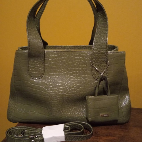 L. Credi olive vegan synthetic leather tote bag with charm and strap
