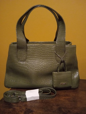 L. Credi olive vegan synthetic leather tote bag with charm and strap