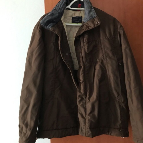 Trussardi men's jacket used, brown with blue rib collar