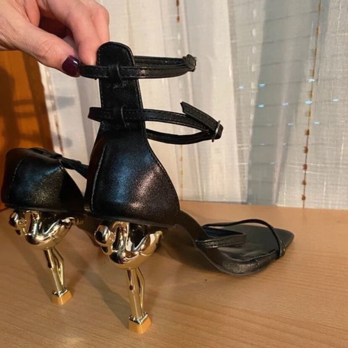 Black Strappy Heels with Sculptural Gold Heel size 37 like new
