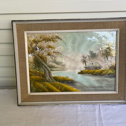 Japanese silk embroidery painting used with frame and glass