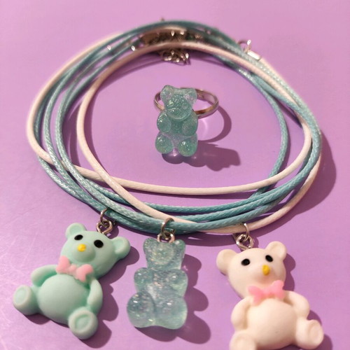Children's necklace set with bears and gift stainless steel ring new