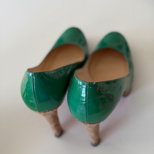 Christian Louboutin green patent leather pumps size 38 used with cork heel