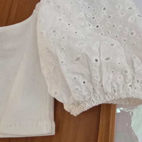 Zara white off-shoulder crop top with puffed eyelet sleeves