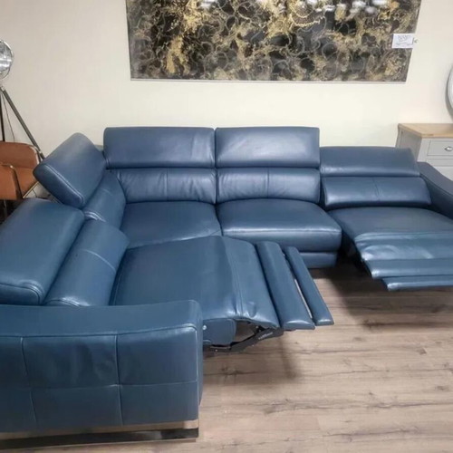 Turquoise Blue Leather Corner Sofa Torres with Electric Relax Mechanism New