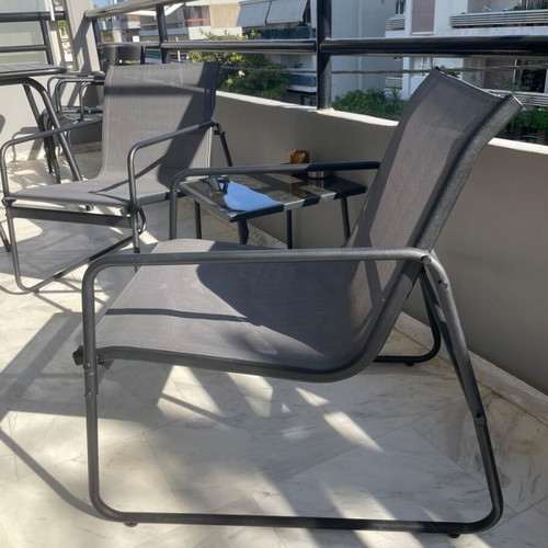 Balcony set like new with 2 armchairs and glass table