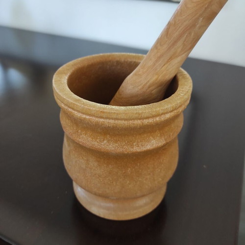 Mortar and pestle new, wood color, melamine material