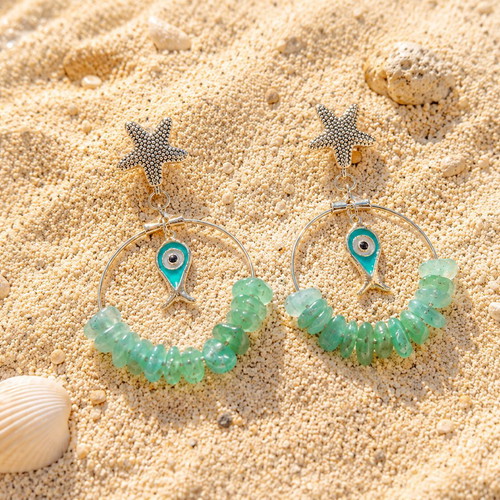 Handmade earrings with aventurine, metal star and enamel fish, silver color, new