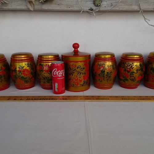 Khokhloma jars used, set of 7, wooden, handmade, USSR vintage