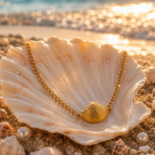 Necklace - SHELL - with steel chain and shell