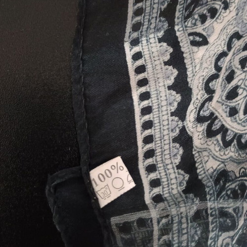 Silk square scarf used, black and white striped with elephants