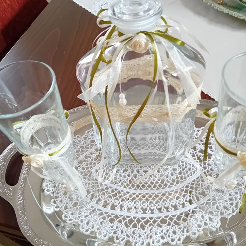 Crystal carafe with 2 decorated glasses for wedding crowning set like new