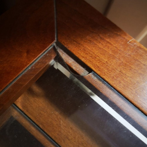 Set of 3 solid wood nesting coffee tables, glass tops with slight corner damage