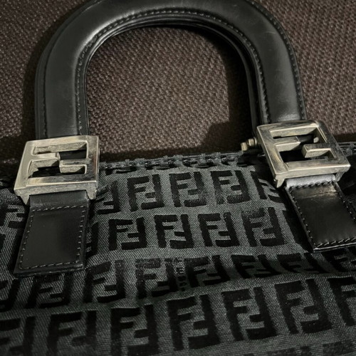 Fendi Tote Zucchino FF Logo black leather trim handles used