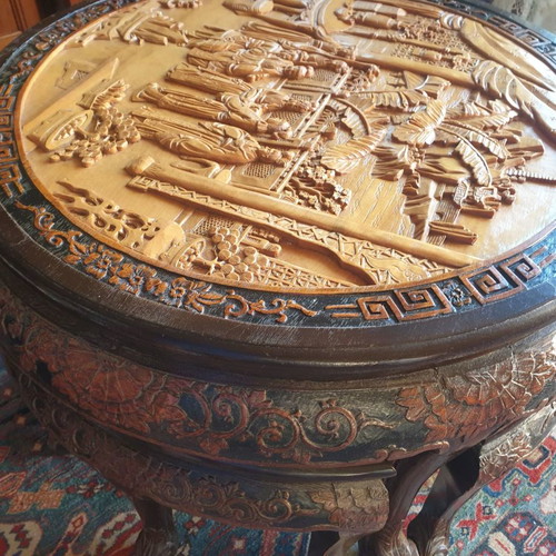 Carved coffee table used, solid teak wood