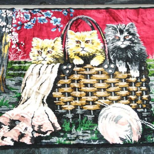Velvet wall tapestry with cats theme used, 1.40x1.00 m