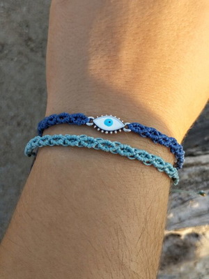Handmade macrame bracelets new, blue and turquoise with silver eye element
