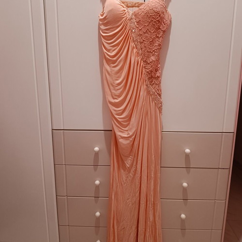 Evening dress Maestri silk peach long with slit and open back like new size small