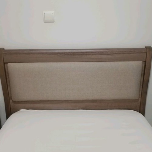 Wooden bedroom set with semi-double bed, nightstand, and chest of drawers