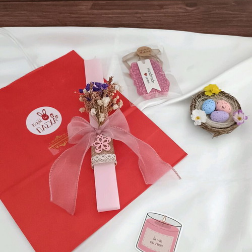 Handmade Easter Set with Pink 25cm Candle and Aromatic Wardrobe Tablet